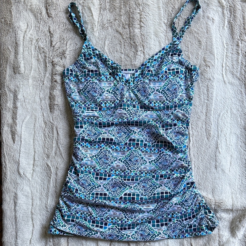Tommy Bahama Teal and White Patterned Swim Camisole